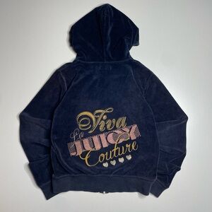 Vintage Y2K Viva La Juicy Couture Navy Velour Zip Up Jacket Rhinestone L RARE